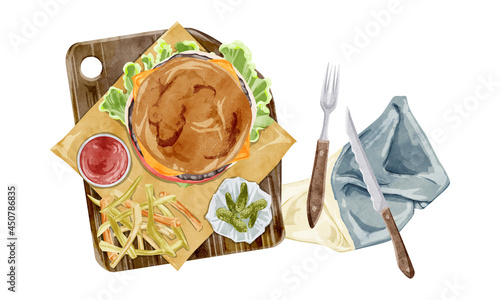上から見たハンバーガーの手描き水彩風イラスト