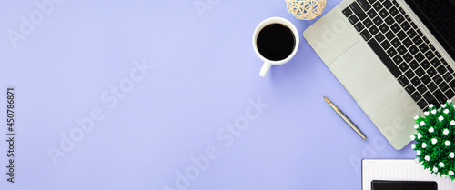 Top view desk or top view table or modern office desk flat lay background with computer laptop and office equipment for work area copy space and education school concepts.