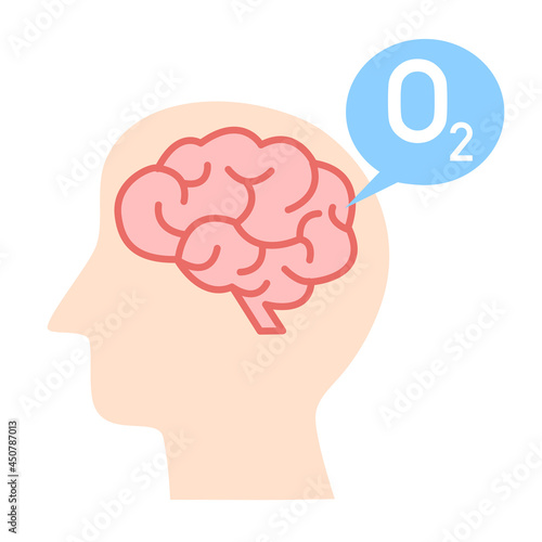 Human brain with oxygen formula in flat design on white background.