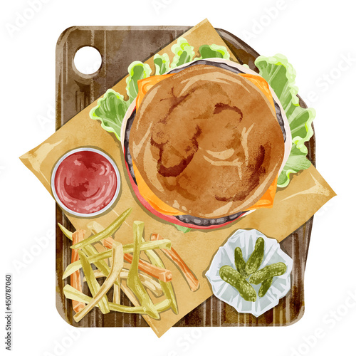 上から見たハンバーガーの手描き水彩風イラスト