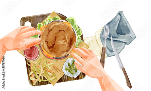 上から見たハンバーガーの手描き水彩風イラスト