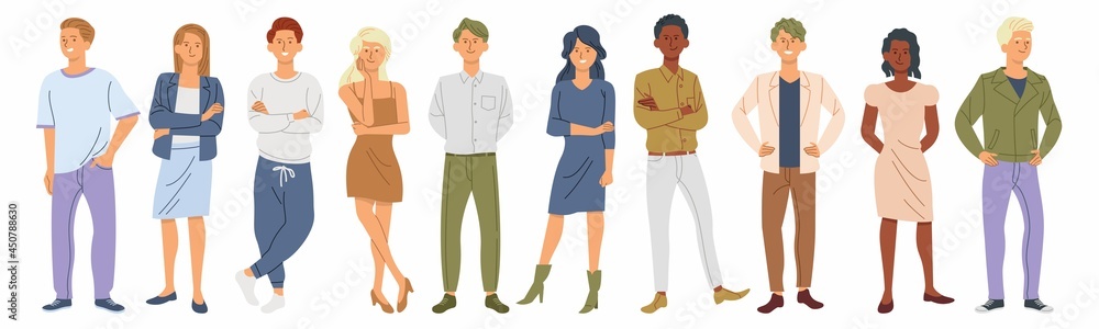 Peoples Smiling. Group portrait of funny smiling people in different poses standing together. Colorful flat style vector illustration.