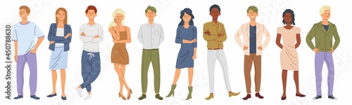 Peoples Smiling. Group portrait of funny smiling people in different poses standing together. Colorful flat style vector illustration.
