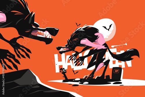 Werewolf on scary cemetery