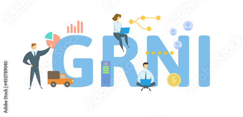 GRNI, Goods Receipt Not Invoiced. Concept with keyword, people and icons. Flat vector illustration. Isolated on white.