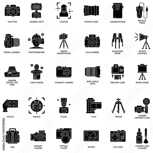 Black and white Camera and Accessories Perfect collection Icons
