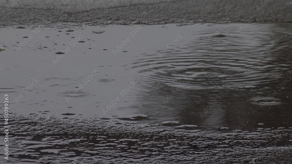 Rain Drops in a Puddle, Low Angle View. Close Up. Rain Drops in a Puddle, Low Angle View. Close Up.