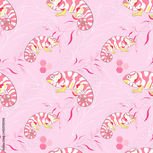 Pink chameleon seamless pattern with thin elegant leaves