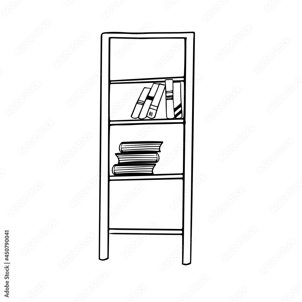 Bookcase graphic black white isolated sketch illustration. Books. Sketch style illustration
