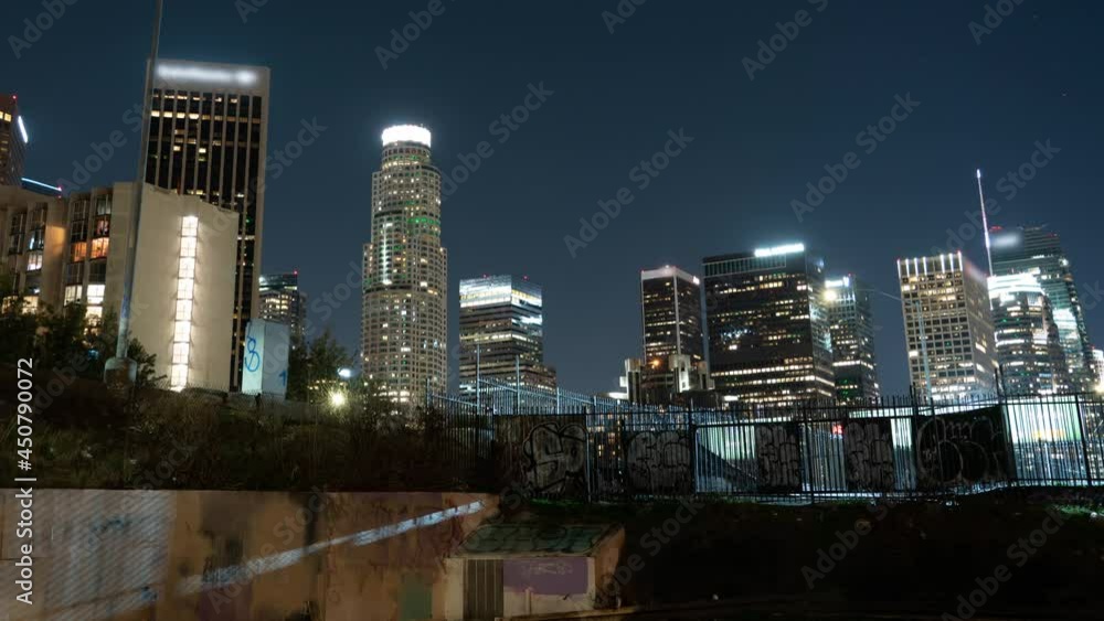 Los Angeles Downtown Skyline and Graffiti Beaudry View L Night Time Lapse California USA Los Angeles Downtown Skyline and Graffiti Beaudry View L Night Time Lapse California USA