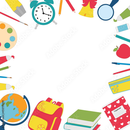 Back to school frame vector illustration. Education school supplies greeting card