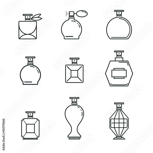 Perfume bottles icons for perfumery