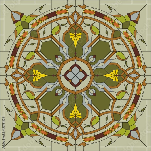 Vector drawing, square pattern template for stained glass. Abstract green print for stone, ceramic tiles. Floor and wall mosaic
