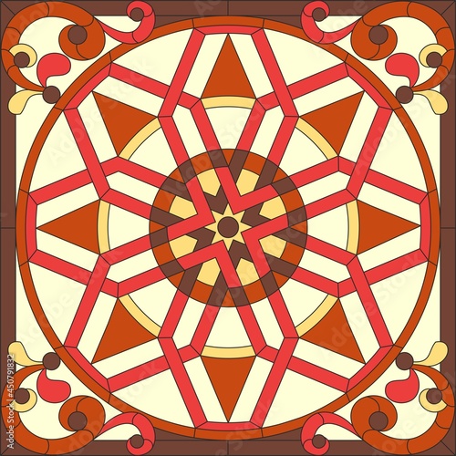 Vector drawing, square pattern template for stained glass. Abstract geometric print for stone, ceramic tiles. Floor and wall mosaic. Print for fabric, scarf
