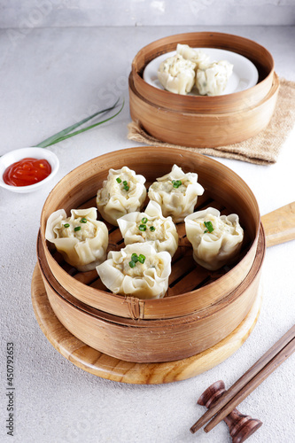 Steamed dumpling dimsum in bamboo steamer. 