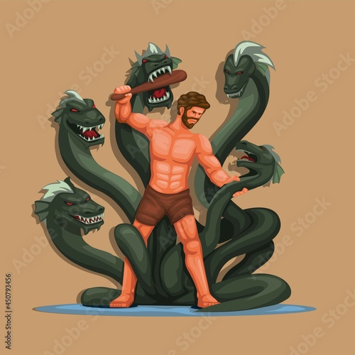 Hercules vs Hydra figure character. Greek classical Mythology story scene illustration vector photo