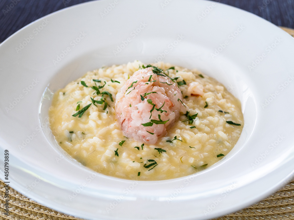 portion of risotto with shrimp tartare in plate portion of risotto with shrimp tartare in plate
