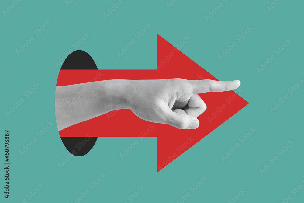 Digital collage modern art. Hand pointing finger, with red arrow - obrazy, fototapety, plakaty 