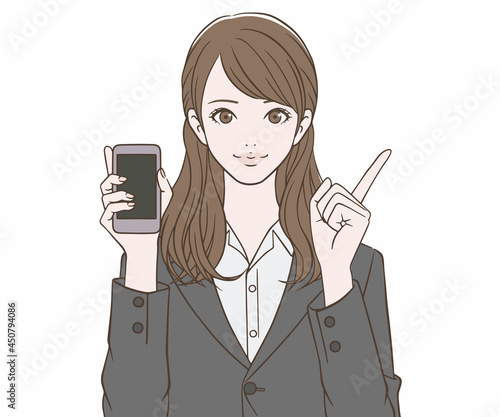 スマートフォンを持ち、人差し指を立てるスーツの女性
