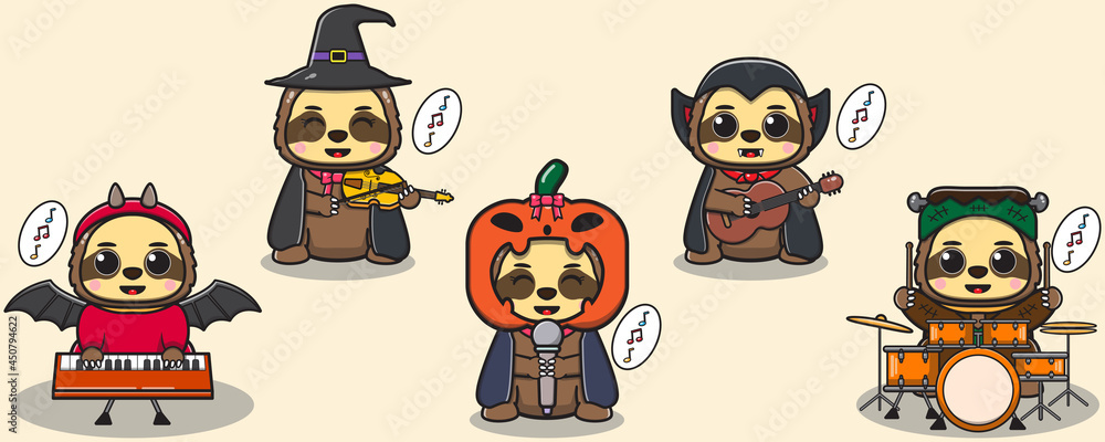 Cute Character Cartoon of Sloth play a musical instrument. Sloth Halloween set. Dracula, Devil, Frankenstein and Wizard costume. Good for icon, label, sticker, clipart. Vector illustration.