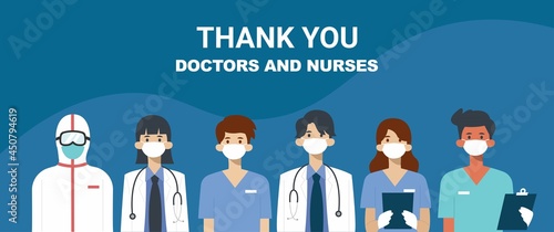 Thank you doctors and nurses, Illustration of doctors and nurses characters wearing masks. Vector flat style