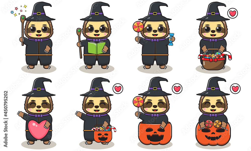 Cute Character Cartoon of Sloth with Wizard costume halloween set. Good for icon, label, sticker, clipart. Vector illustration. Cute Character Cartoon of Sloth with Wizard costume halloween set. Good for icon, label, sticker, clipart. Vector illustration.