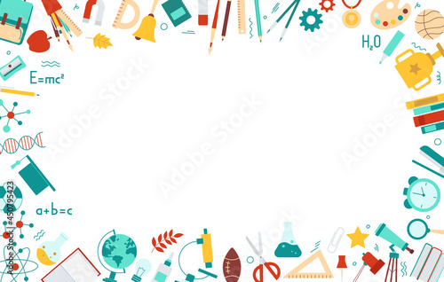 Banner template with school supplies frame. Concept for back to school, stationery sale. Pen, globe, backpack, ruler, book, brush, pencil icons in flat style. Vector illustration isolated on white  photo