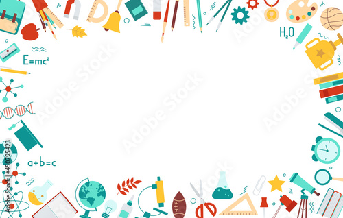 Banner template with school supplies frame. Concept for back to school, stationery sale. Pen, globe, backpack, ruler, book, brush, pencil icons in flat style. Vector illustration isolated on white 