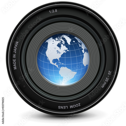 Camera photo lens and blue earth globe, The world inside the camera icon, vector illustration.