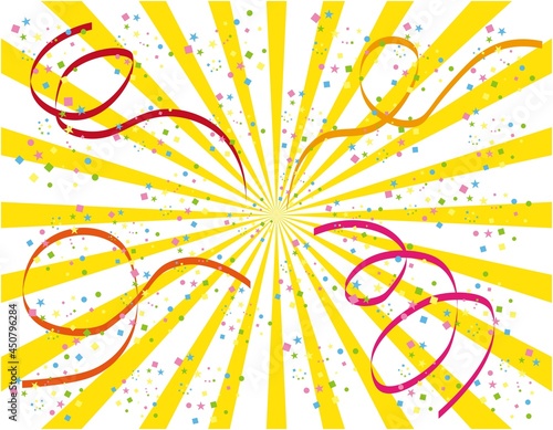 集中線01_14（紙吹雪とリボンが飛び出すオレンジの集中線）