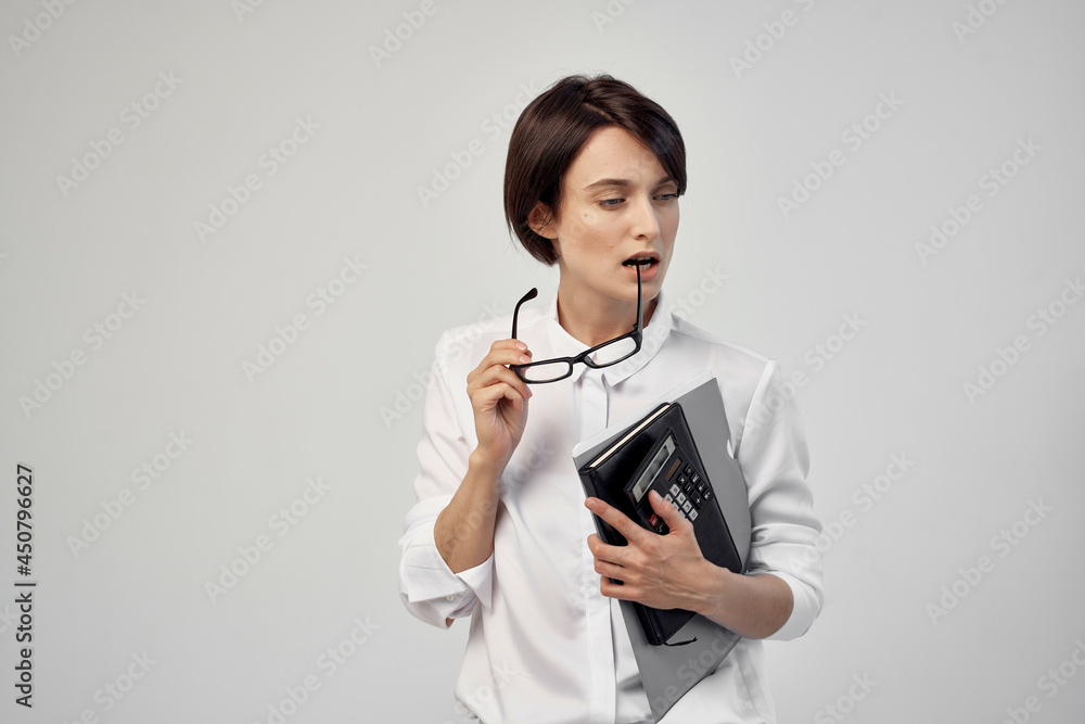 female manager documents Professional Job light background female manager documents Professional Job light background