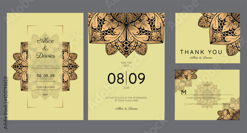 Set of Wedding Invitation, Wedding invitation cards baroque style  gold. Vintage Pattern. Retro Victorian ornament.