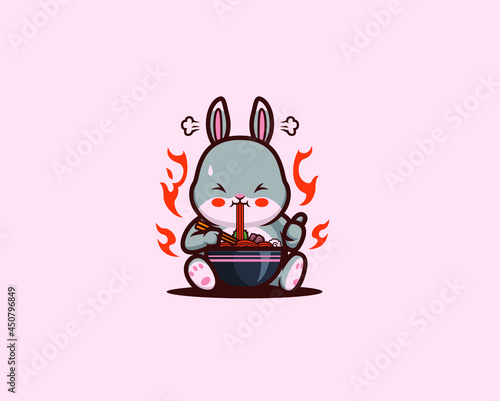 Cartoon abbit eating spicy ramen noodles