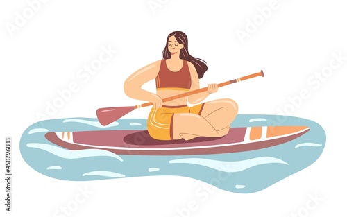 Sup boarding girl. Young woman in a swimsuit on paddle board. Summer water sport activity. Hand drawn flat illustration.