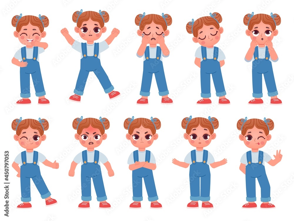 Cartoon cute little girl face emotions and expressions. Kid character feel happy, sad, angry, and surprise, cry, smile and laugh vector set Cartoon cute little girl face emotions and expressions. Kid character feel happy, sad, angry, and surprise, cry, smile and laugh vector set