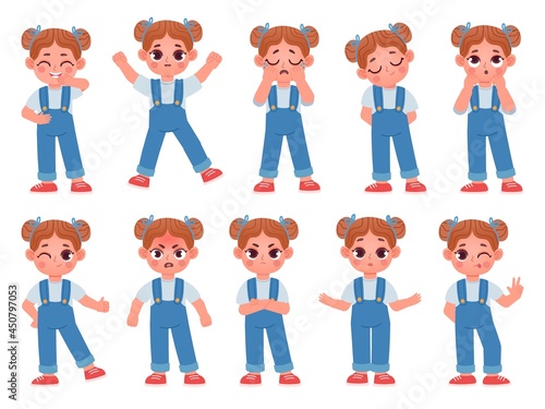 Cartoon cute little girl face emotions and expressions. Kid character feel happy, sad, angry, and surprise, cry, smile and laugh vector set