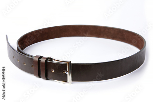 Men's leather belt on a white background.