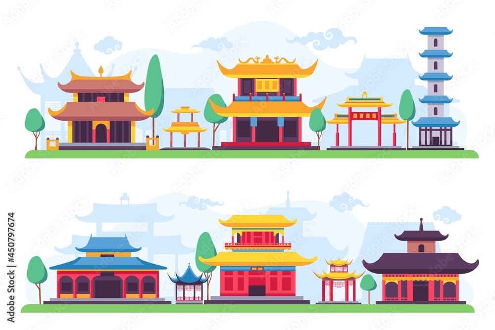 Flat chinatown or ancient chinese city street landscape. Asian old buildings, houses, temples and pagoda. Cartoon china town vector scene