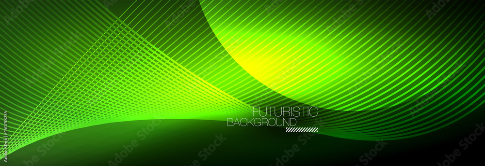Abstract neon glowing light in the dark with waves. Shiny magic energy and motion concept, vector abstract wallpaper background Abstract neon glowing light in the dark with waves. Shiny magic energy and motion concept, vector abstract wallpaper background