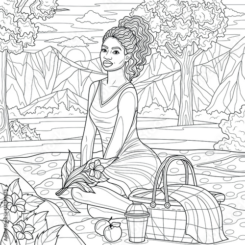 Black girl at picnic.Coloring book antistress for children and adults. Illustration isolated on white background.Zen-tangle style.