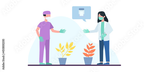 Coronavirus vaccination, doctor injecting a patient, getting first shot of covid vaccine in arm muscle. Medical doctor in protective suit and mask, process of immunization against covid-19, vector