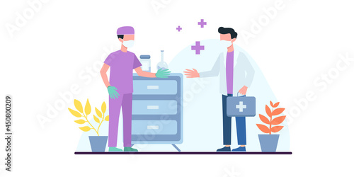 Coronavirus vaccination, doctor injecting a patient, getting first shot of covid vaccine in arm muscle. Medical doctor in protective suit and mask, process of immunization against covid-19, vector