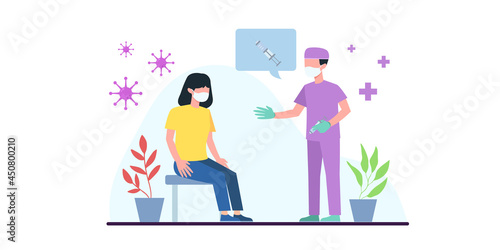 Coronavirus vaccination, doctor injecting a patient, getting first shot of covid vaccine in arm muscle. Medical doctor in protective suit and mask, process of immunization against covid-19, vector