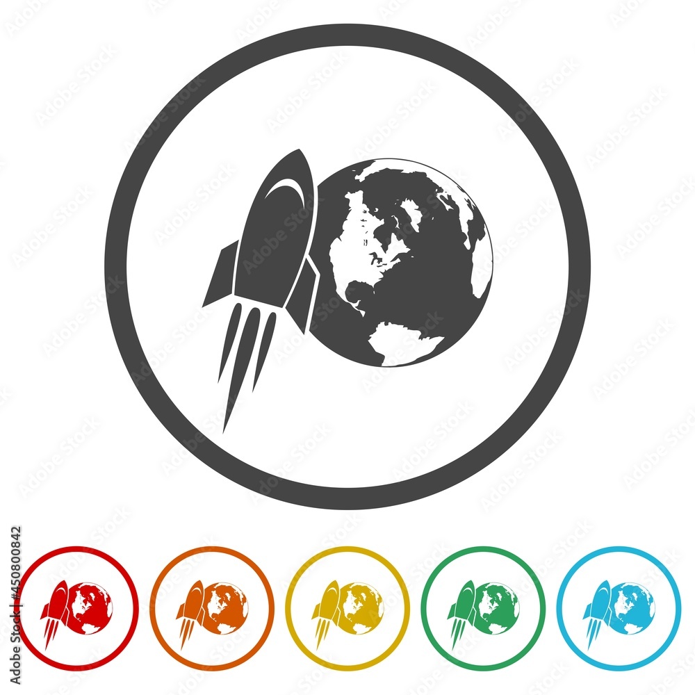 Rocket orbiting planet earth ring icon Rocket orbiting planet earth ring icon
