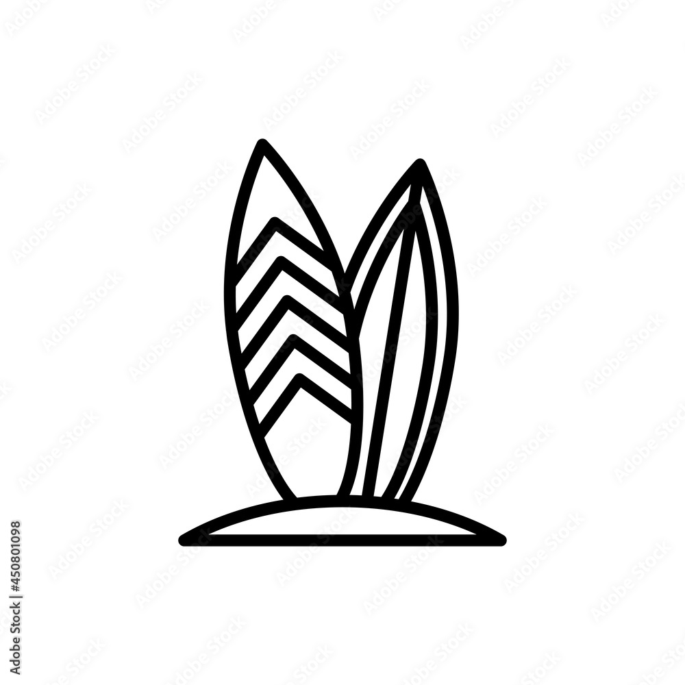 Surfing thin line icon, two surfboards in sand. Modern vector illustration of summer sport. Surfing thin line icon, two surfboards in sand. Modern vector illustration of summer sport.