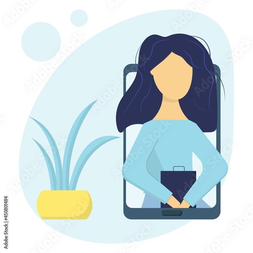  Vector illustration in flat simple style - online psychological help and support service. Online therapy concept. Psychological counseling concept. Girl psychologist in the phone.