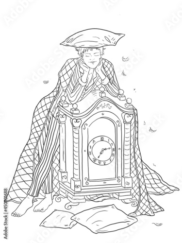Sleepy man in pajamas with pillows, blanket and vintage clock. Dream and sleep concept. Vector illustration