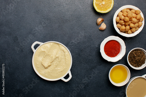 Hummus, spices, ingredients food styling 
