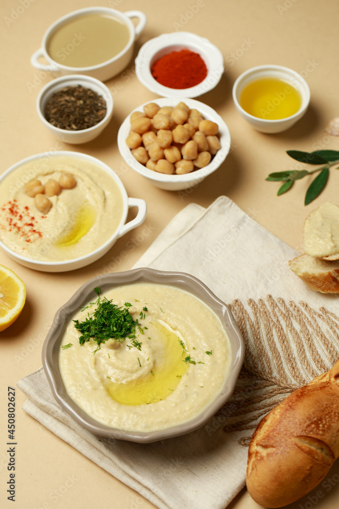 Hummus, bread and ingredients, food styling Hummus, bread and ingredients, food styling