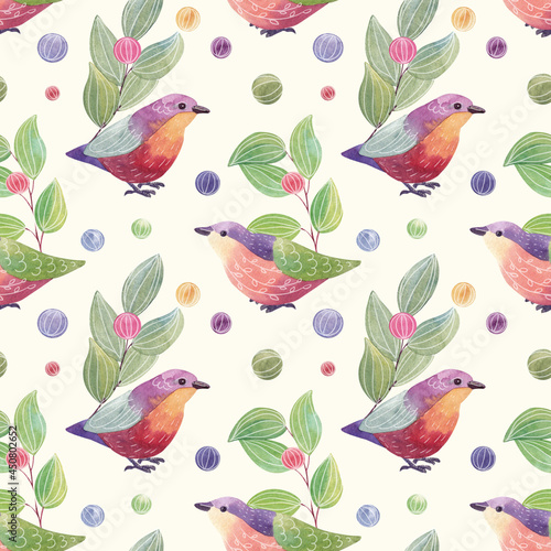 Funny birds. Watercolor seamless pattern. Suitable for wallpapers  fabrics  backgrounds  textiles  wrapping paper  scrapbooking